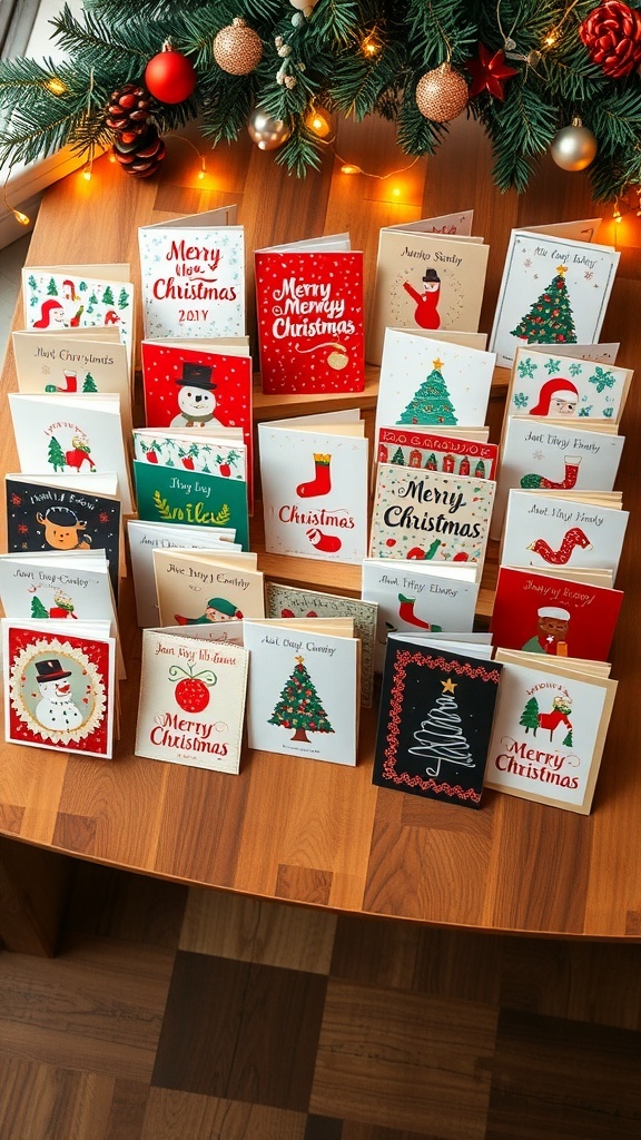 A collection of Christmas cards on a table with festive decorations.